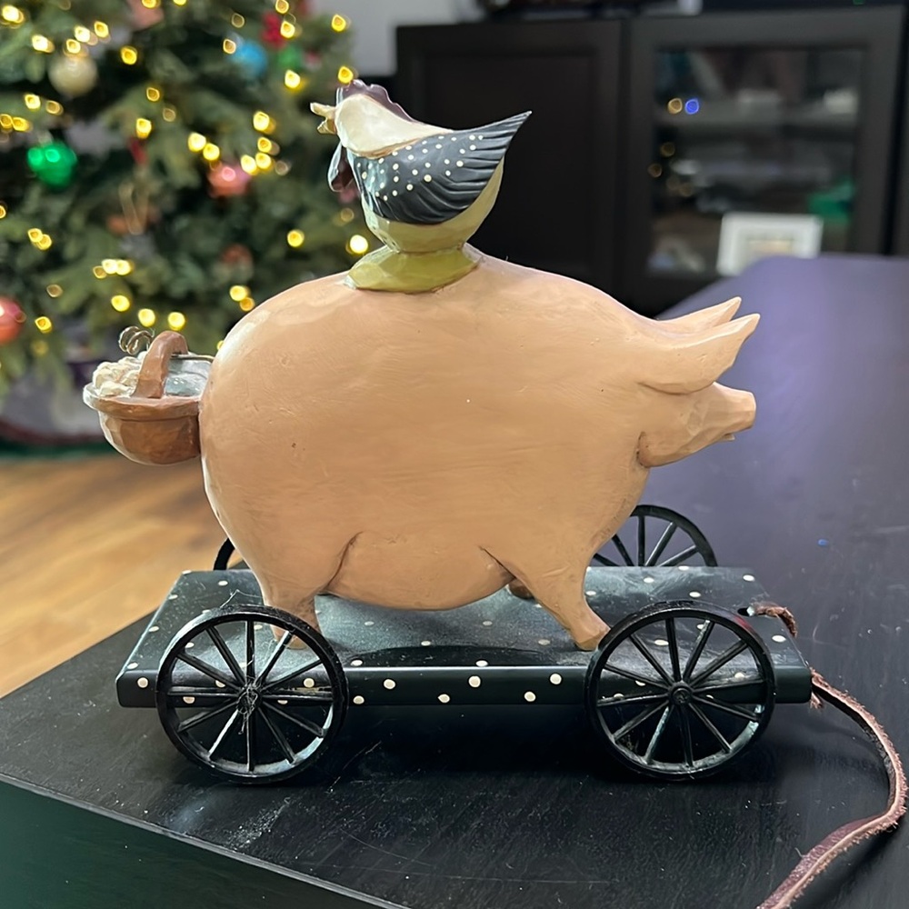 Williraye Studios 1996 Pig on Cart Pull Toy w Rooster & Basket Figurine WW1423